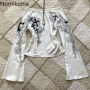 Flare Print Sleeve Shirts Woman Slash White Temp Tees Neck