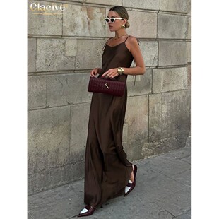 Satin Sleeve Fashion Brown Summer Strap Dresses Loose Womens