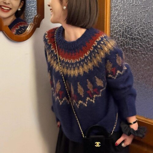 Fair Isle Knit Mohair Sweater For Women Autumn/winter Korean