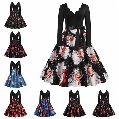 Christmas Dress Women's 1 Piece Burning Flower V-neck Long S