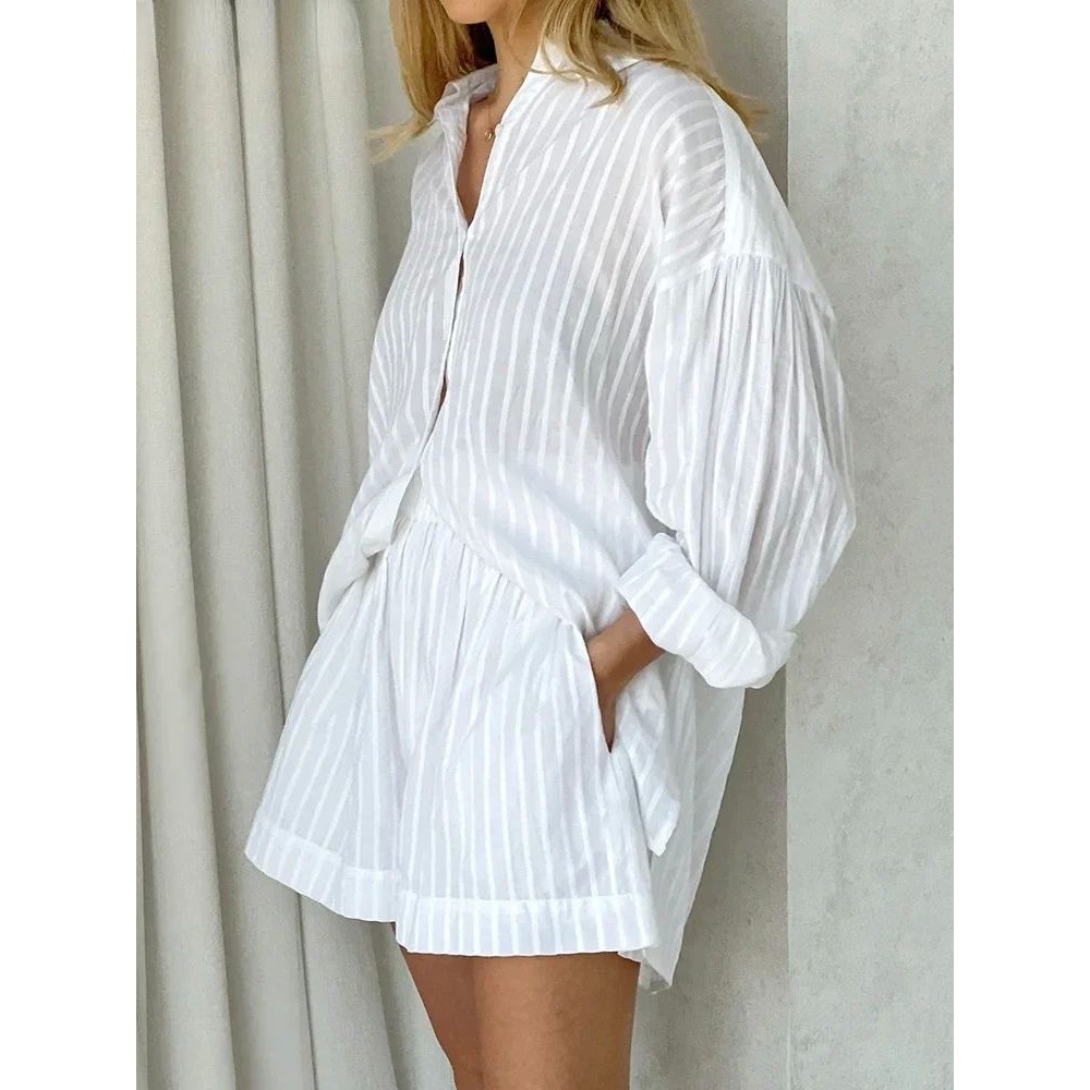 Casual Shorts Sets Striped Jacquard 2Pc Cozy Lapel Lantern S