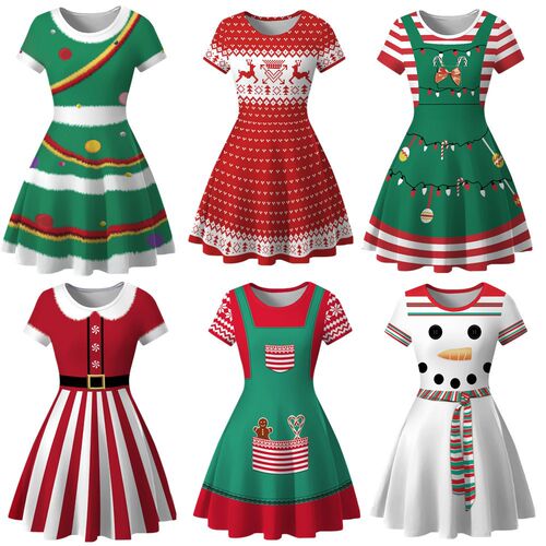 Christmas Women's Fashion Sexy Print Dress Casual Short Slee