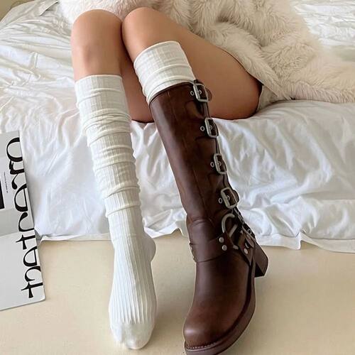 Fashion Pure Cotton Knee-high Socks Solid Color Keep Warm Lo