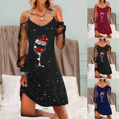 Women's Wish Christmas Wine Glass Stitching Mesh Women's Dre