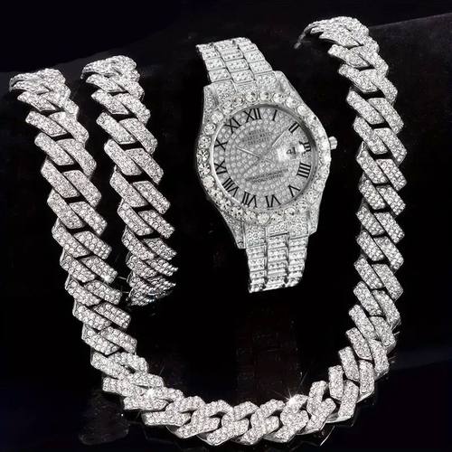 3pcs Necklace+Bracelet+Watch Cuban Chain Watch for Men Hip H