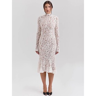 Lace Sleeve Long Dress Sexy For Midi Elegant Hal White Women