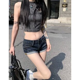 Women's Low Rise Elastic Tight Curled Denim Shorts Summer Gi