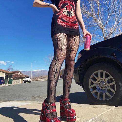 Y2K Women Sexy Retro Gothic Lolita Cross Print Club Tights G