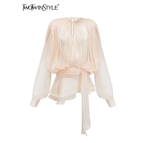 Elegant Ruched Mini Dress For Women Round Neck Lantern Long