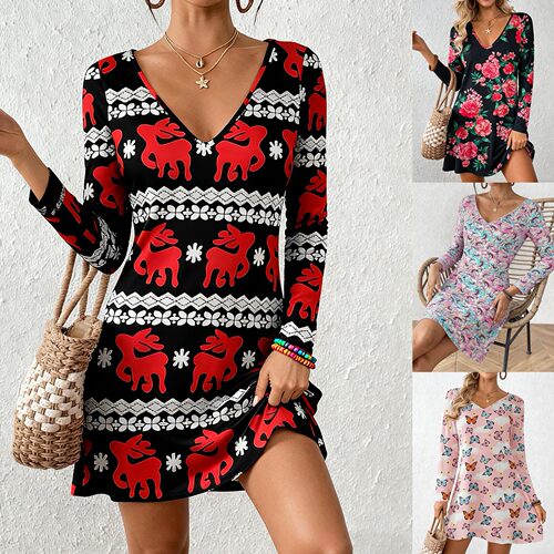 Ladies Dress Women's Autumn Deep V Print A- Line Dress Chris