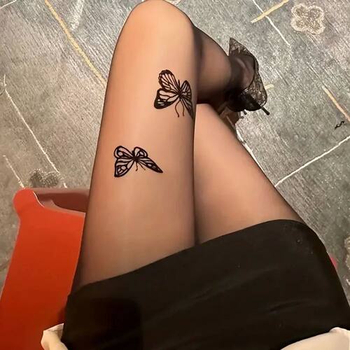 Sexy Women Black Tights Vintage Butterfly Print Transparent