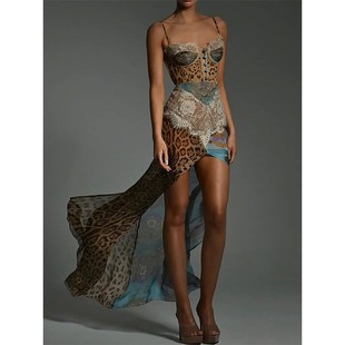 Sling Sleevele Leopard Mesh Chic Chiffon Women Print Vestido