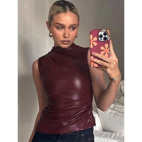 Women Y2K Vintage Pu Simple Basic Tank Top High Waist Skinny