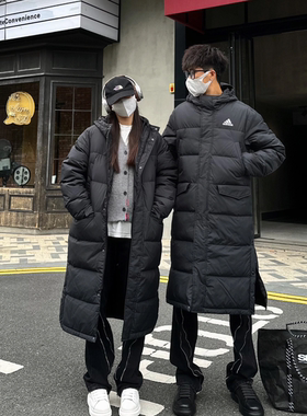 阿迪达斯男女同款过膝加厚长款运动保暖连帽羽绒服 GK0664 GK0665