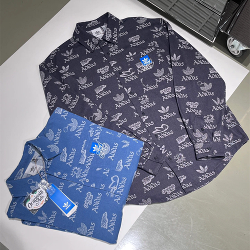 阿迪达斯三叶草男女满印logo翻领复古宽松运动长袖衬衫外套JN1663