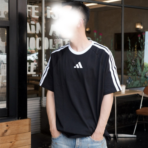 Adidas阿迪达斯男夏季新款T恤上衣透气经典三条纹圆领短袖KC1496