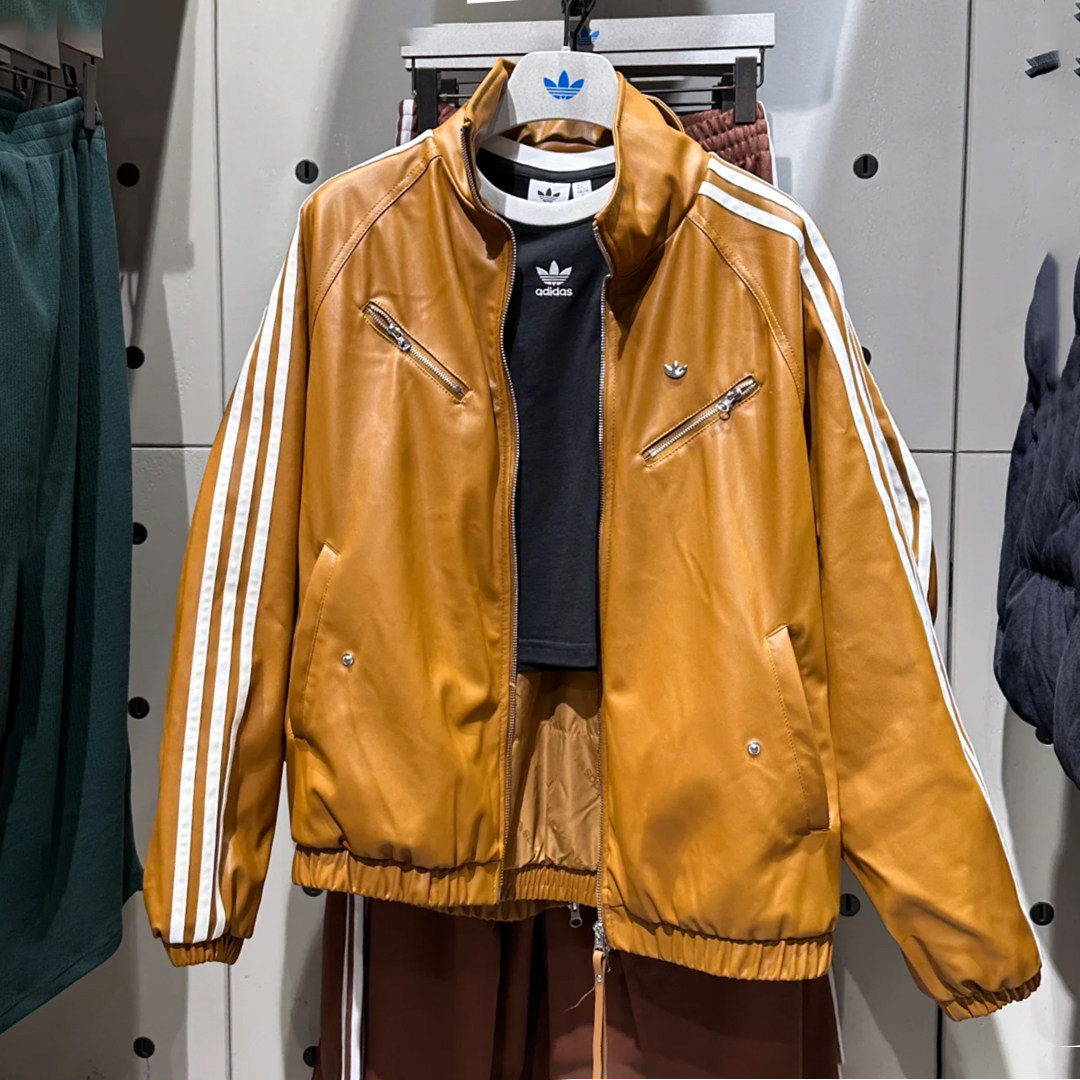 阿迪达斯三叶草女士复古条纹耐穿皮面抗风棉服夹克休闲外套JD3779