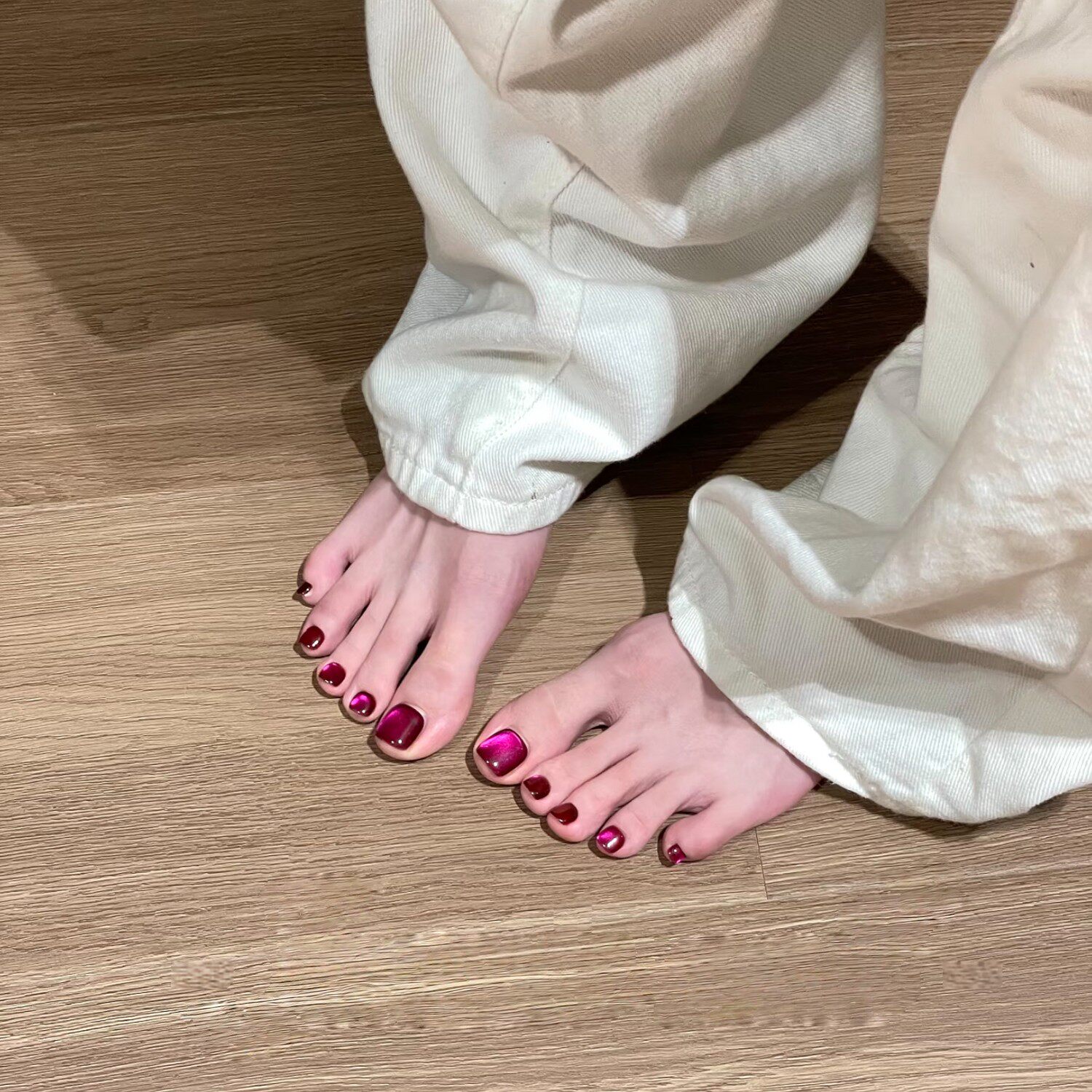 火龙果色玻璃珠猫眼气质脚趾甲纯光疗手工穿戴甲玫红色脚指甲贴片