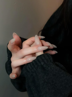 欧美手工穿戴甲简约乳白色高级感中长款包邮小红书假指甲贴片显白