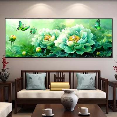 蝶戏绿牡丹十字绣花开富贵客厅