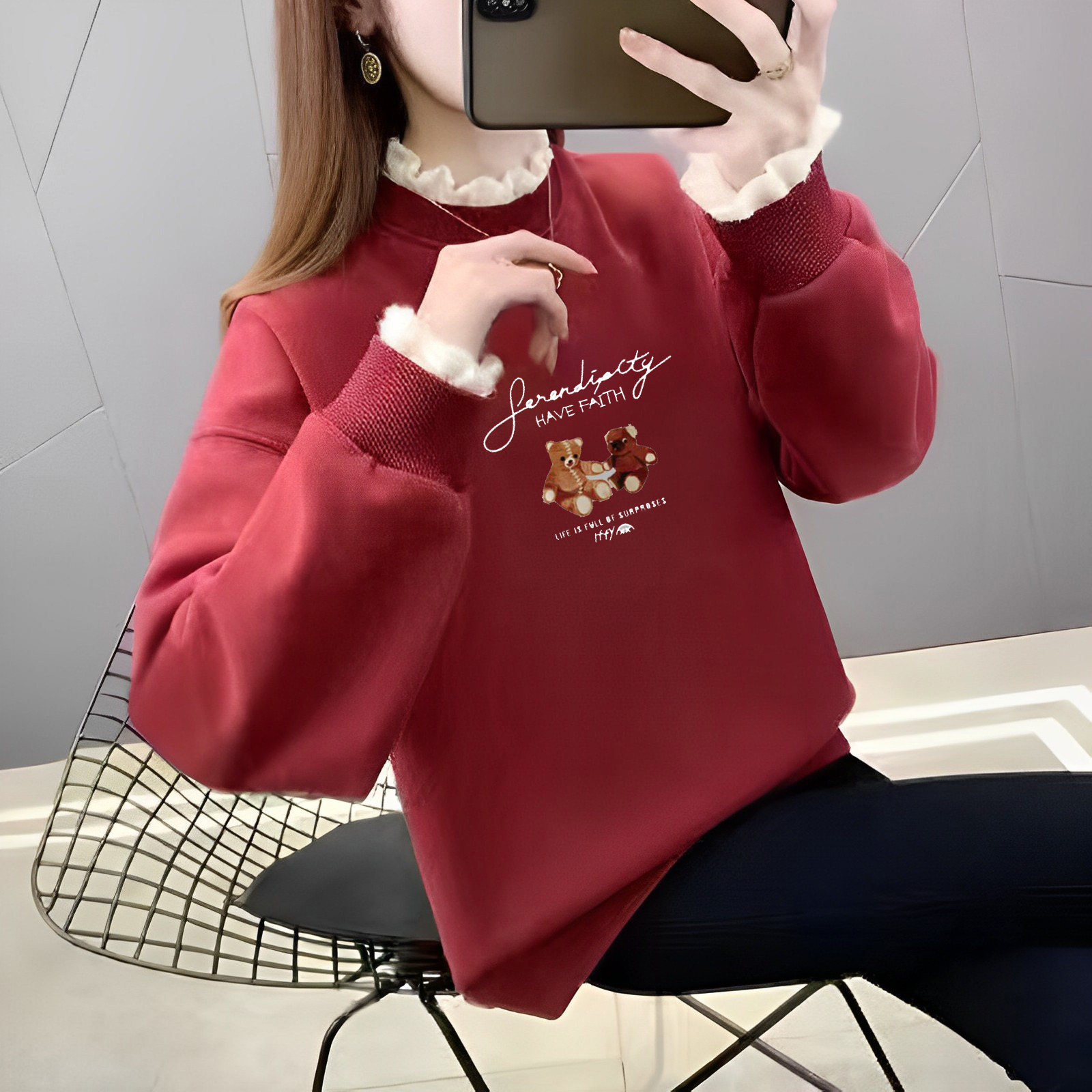 加绒加厚宽松假两件红色卫衣