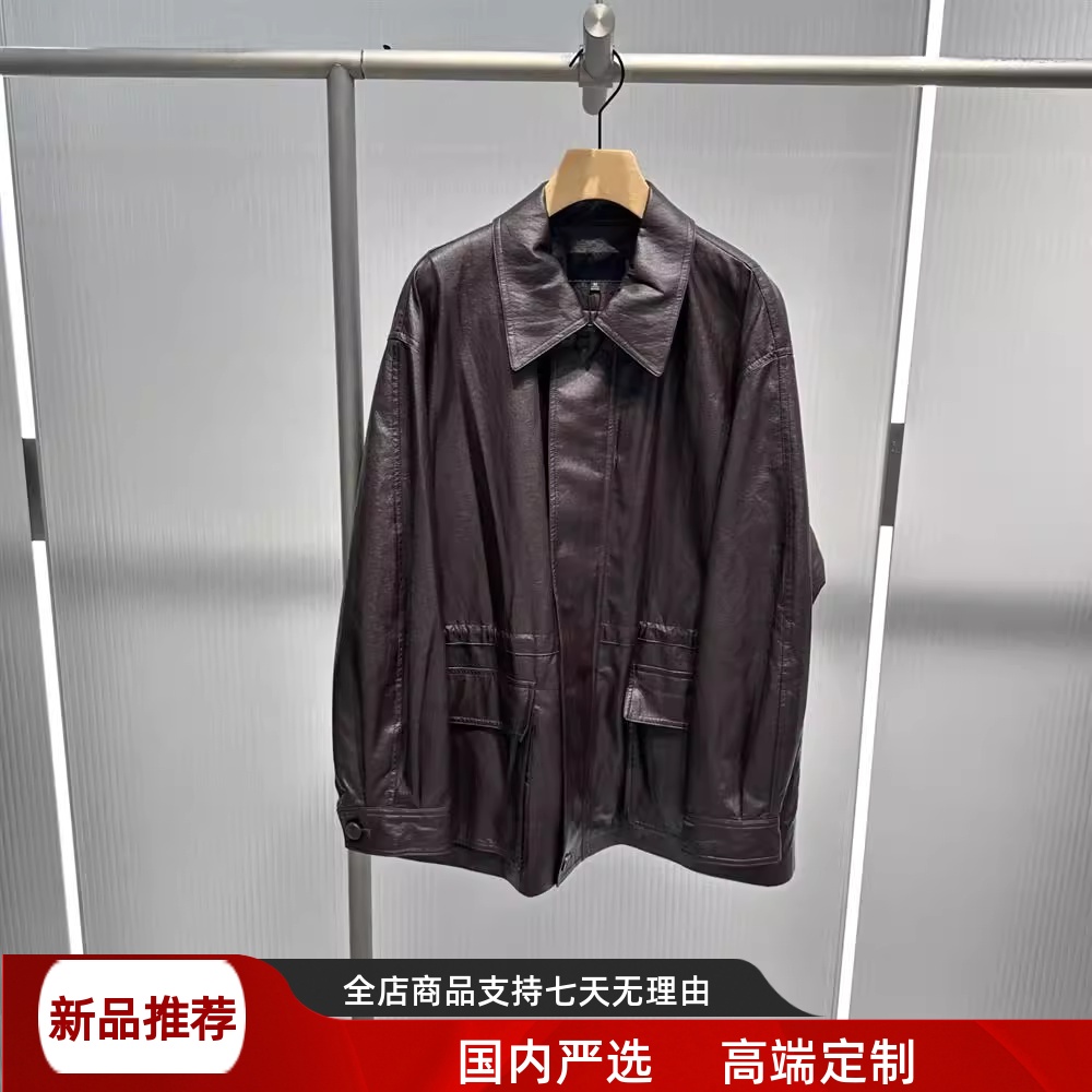 现货艾诺丝2025秋装同款宽松休闲翻领中长款PU皮衣外套女AR103029