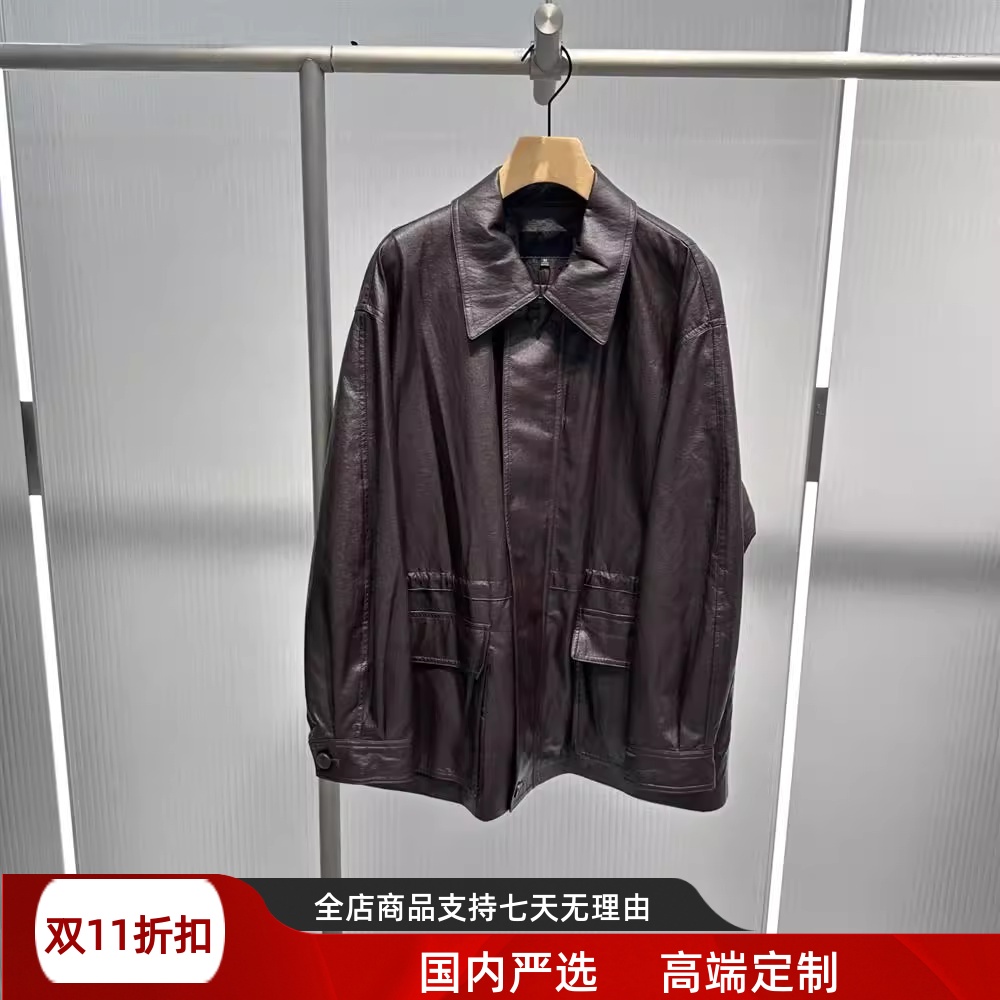 现货艾诺丝2025秋装同款宽松休闲翻领中长款PU皮衣外套女AR103029