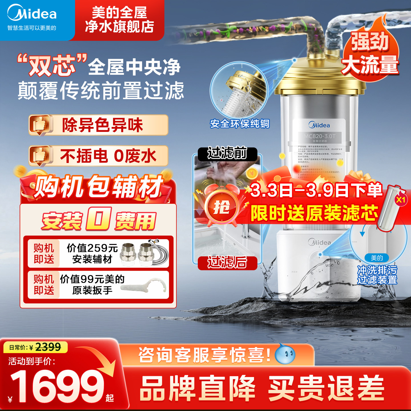 美的全屋中央净水器家用自来水大白瓶大型前置过滤器大流量反冲洗