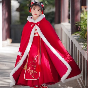 汉服女童新年衣服国风古装秋冬季加绒儿童唐装拜年服女孩加厚冬装