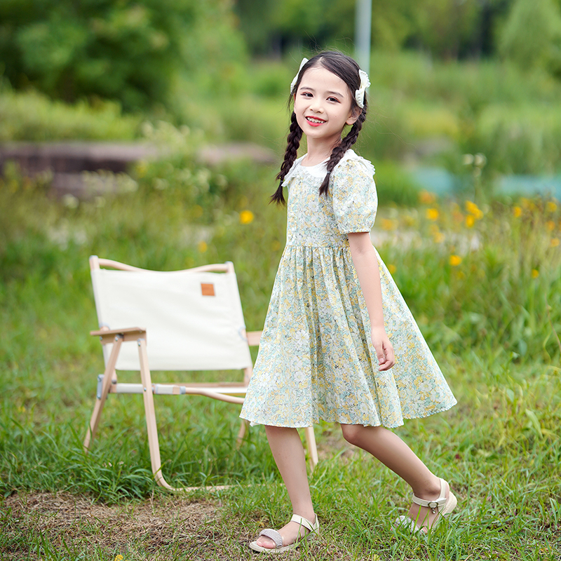 女童连衣裙夏季薄款2023新款甜美儿童娃娃领小女孩棉布碎花裙子