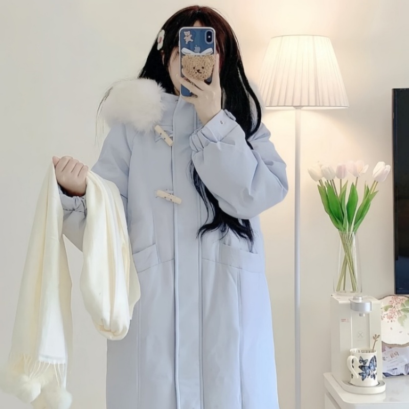 2024新款东大门羽绒服女反季加厚狐狸毛领长款过膝韩版牛角扣外套