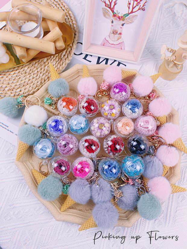 南方的花永生花玫瑰花网红小花球毛绒钥匙扣车载包包干花挂件礼物