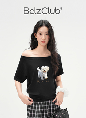 Bclz斜肩短袖珍珠项链狗狗纯棉黑色宽松短袖绝美夏日松弛感t恤