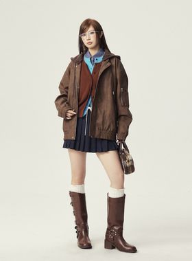 Bclz复古PU皮可脱卸帽皮衣连帽工装夹克情侣设计感休闲百搭皮衣