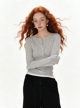 Bclz亨利领复古半排扣修打底衫女修身撞色假两件T恤女26春夏新品