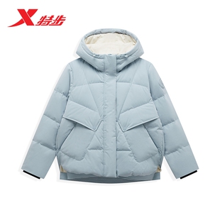 特步羽绒服女款冬季新款加厚保暖运动连帽宽松外套女工装上衣