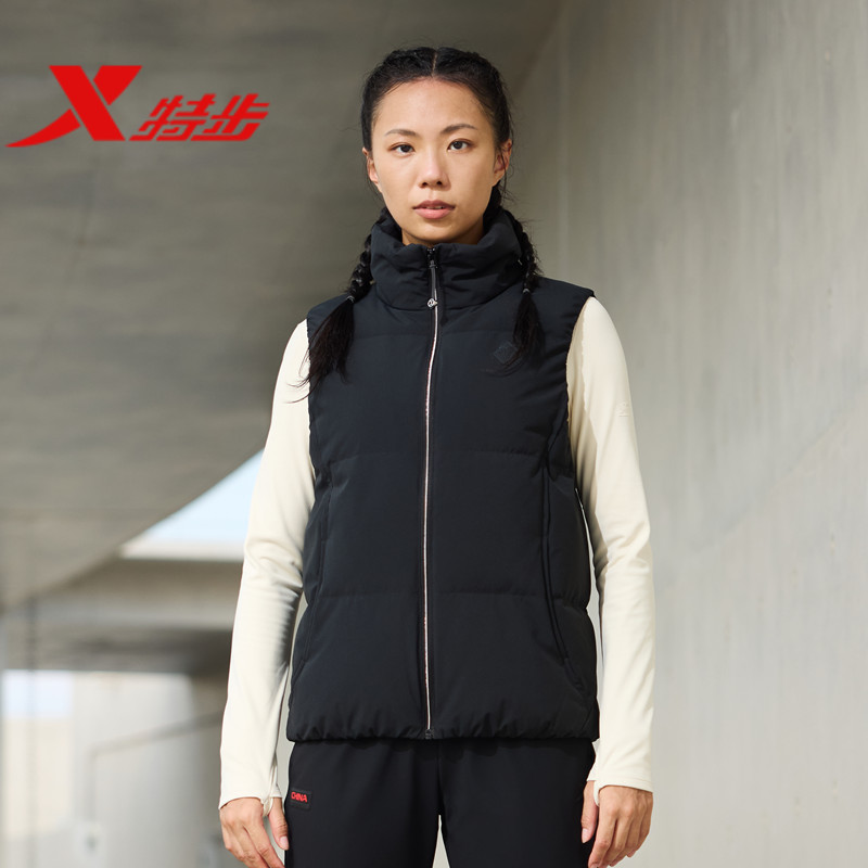 特步立领羽绒马甲女2025冬季新款