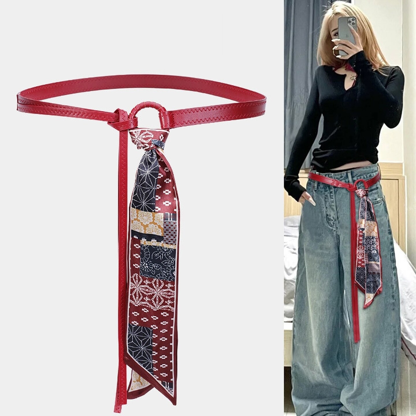 红色丝巾腰带女2026新款韩系ins简约圆环扣百搭时尚高级配饰皮带