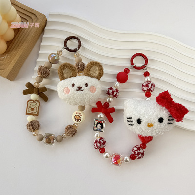 秋冬毛绒手机链哈喽Hellokitty手机挂绳kt猫防丢手提绳卡通挂链女