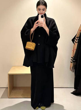 ZhangSutong立领毛呢大衣女黑色2025年新款斗篷蝙蝠袖外套上衣