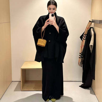ZhangSutong立领毛呢大衣女黑色2025年新款斗篷蝙蝠袖外套上衣