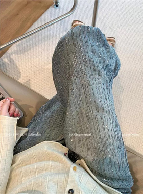 黎米-重工气质烫钻满天星爆闪舒适磨毛宽松阔腿长裤牛仔裤A36842