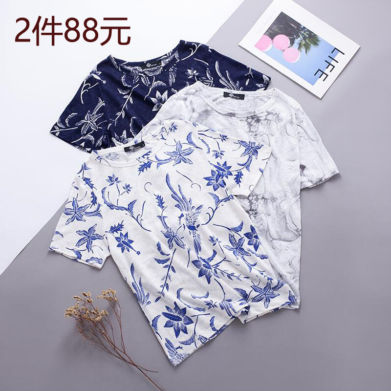 여름 대외 무역 여성용 프린트 린넨 반팔 100% 린넨 통기성과 편안한 바닥 라운드 넥 루즈 반소매 외부 착용 가능