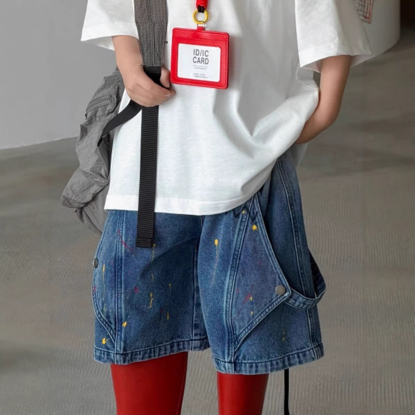 2026蓝色牛仔裤泼墨五分裤韩版潮裤男童女童夏季新款甩点短裤男宝
