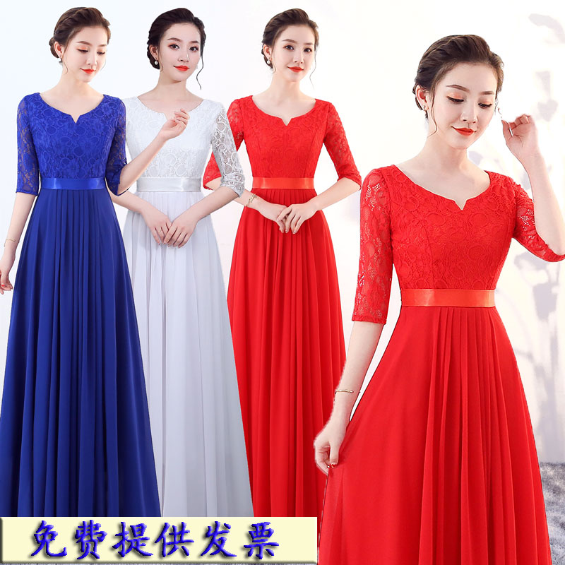 中老年大合唱演出服雪纺长裙批价图片