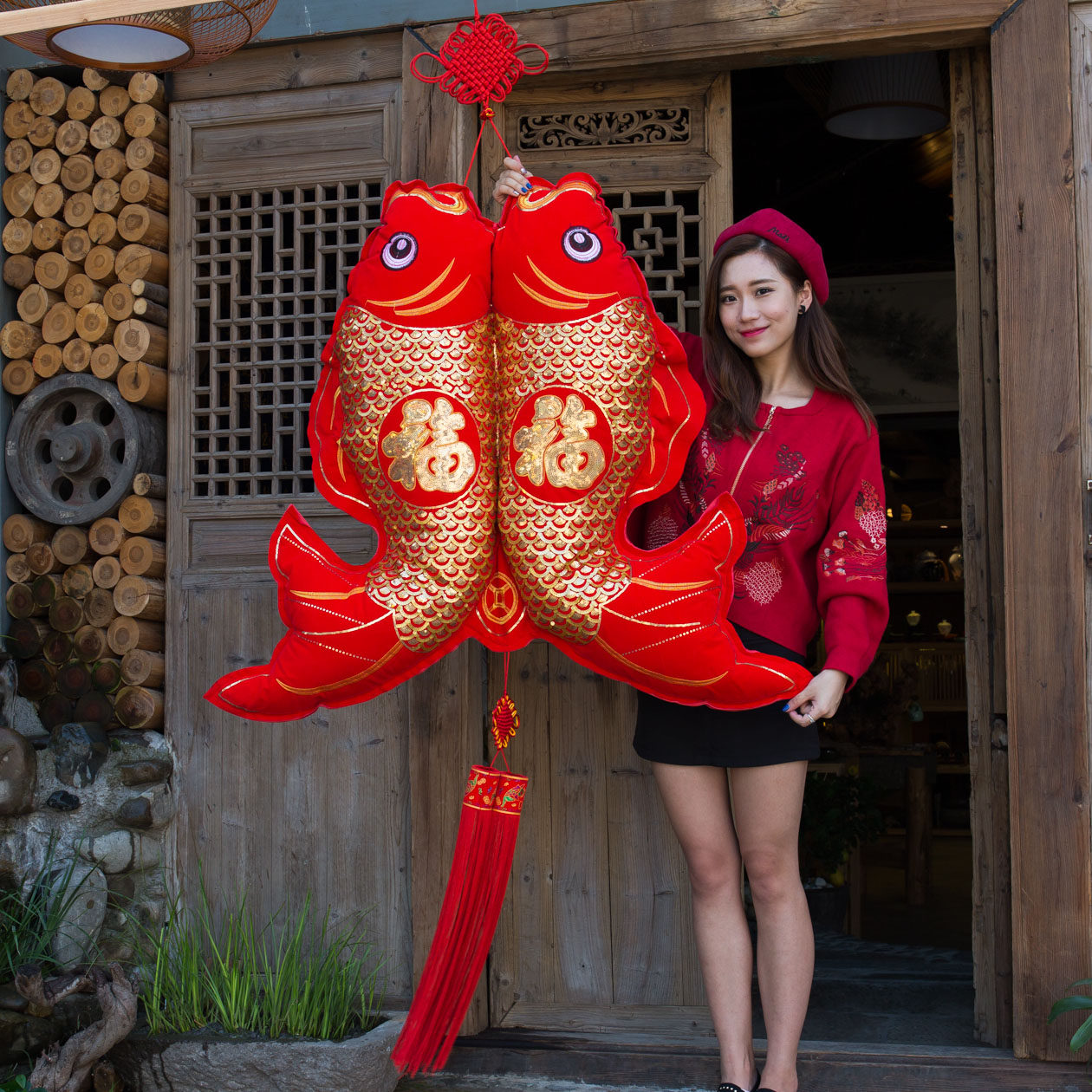 新年春节猪年大号中国结福字挂件弯鱼对鱼挂饰年年有鱼家居壁挂