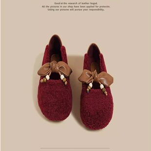 2025秋冬季新款加绒保暖蝴蝶结浅口单鞋女红色平底网红玛丽珍鞋子