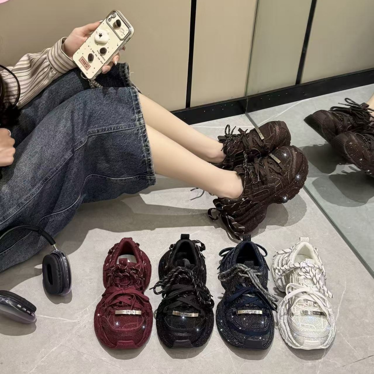 巴黎水钻满天星老爹鞋女2026秋季新款厚底百搭增高绑带休闲运动鞋