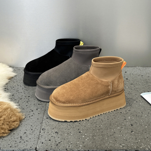 2025冬季新款迷你迪普靴女真皮厚底增高雪地靴加绒加厚保暖短靴子