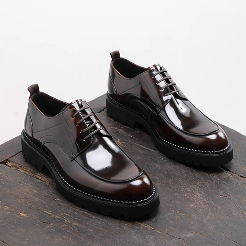 头层牛皮鞋男英伦商务正装通勤真皮手工厚底婚鞋青年鞋系带超轻底